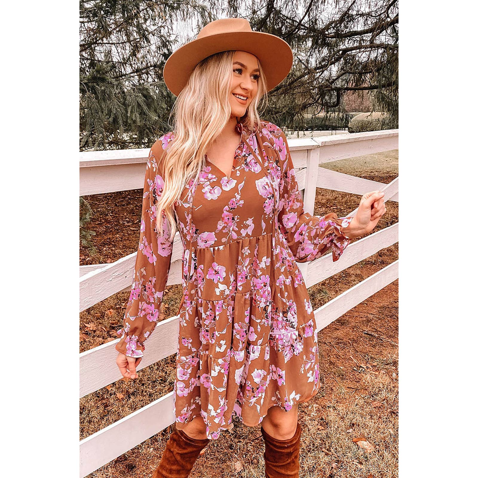Floral Flounce Sleeve Tiered Dress